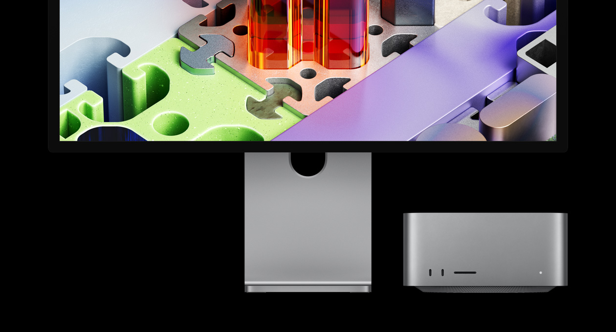 Studio Display XDR ile eşleştirilmiş Mac Studio, aygıt ekranın altına yerleştirilmiş: Studio Display XDR’da bulmacaya benzer üç boyutlu bir duvar kağıdı yer alıyor