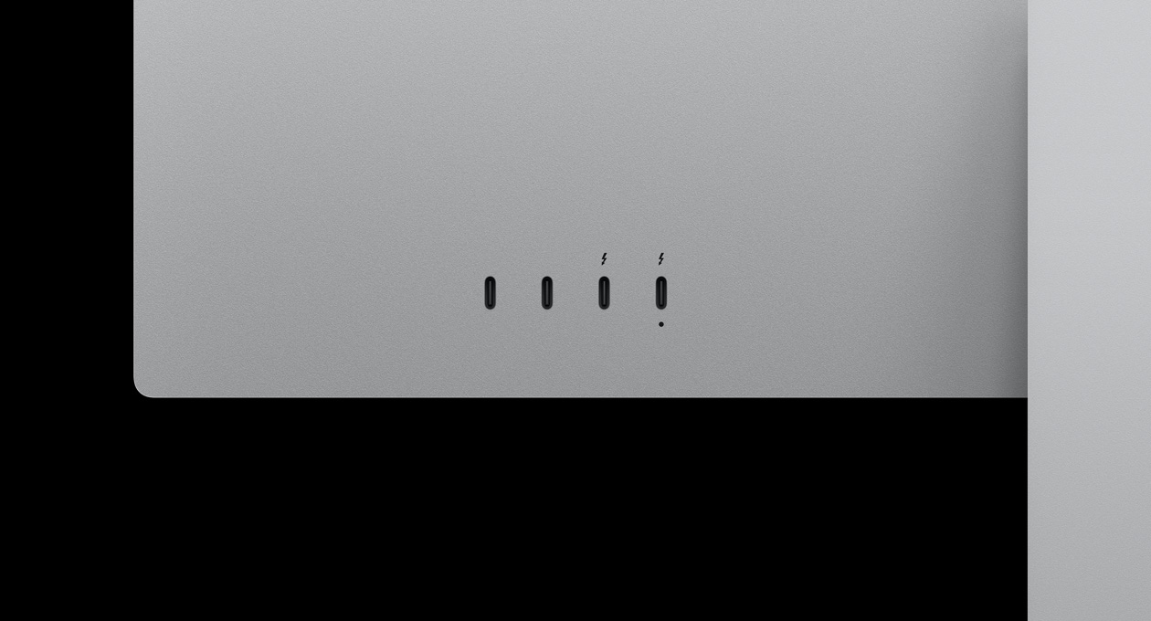 Studio Display XDR’ın arkadan yakın çekim görünümü, iki adet USB‑C bağlantı noktası ve iki adet Thunderbolt 5 bağlantı noktası vurgulanıyor