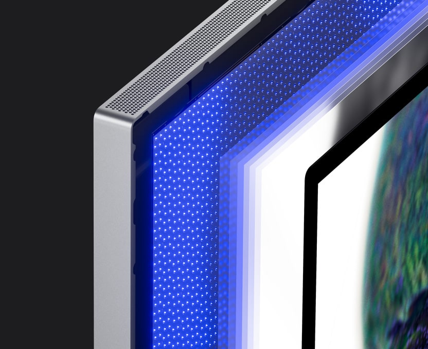 Mini-LED’in yakın çekim görüntüsü, birçok parlaklık azaltma bölgesi oluşturan küçük LED arka aydınlatmayı gösteriyor