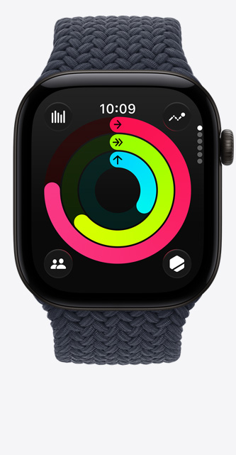 Apple Watch Series 12, aluminium case, black colour, Activity rings: move, exercise, stand, Digital Crown, Braided Solo Loop strap, navy blue colour