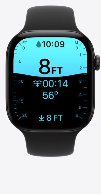 Apple Watch Series 12 com caixa em alumínio preto, ecrã da app Profundidade a mostrar um mergulho a 2,4 metros, Bracelete desportiva em preto