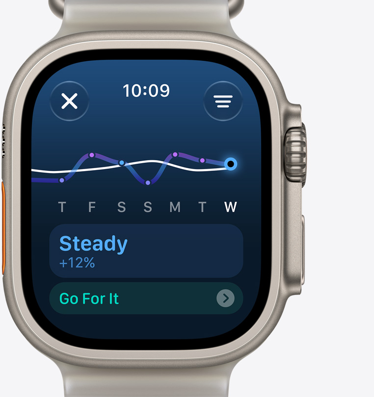 Apple Watch Ultra 4, titanium case, natural colour, training load screen indicates steady increase in training
