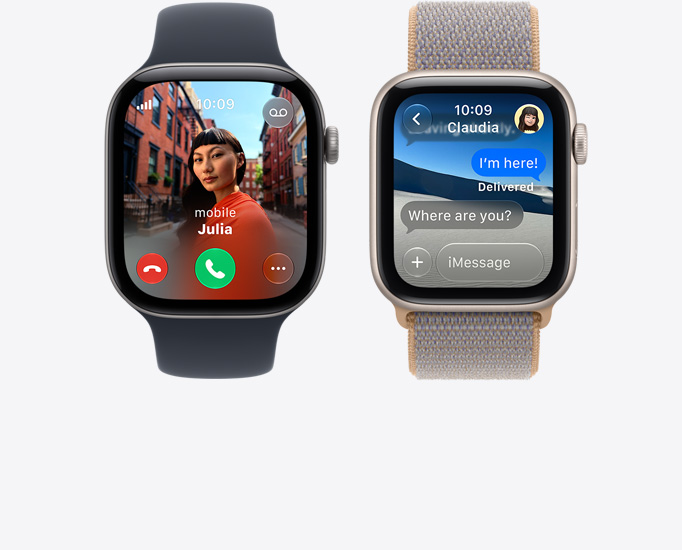 Dispositivos Apple Watch Series 12 com ecrãs de chamada recebida, fotografia do contacto, botões Aceitar e Recusar chamada, conversa do iMessage e as seguintes braceletes: Bracelete desportiva preta, Loop desportiva azul cambraia (azul‑cinza claro)