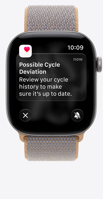 Apple Watch Series 12, aluminium case, space grey colour, possible cycle deviation notification, Cycle Tracking in Health app, Sport Loop strap, chambray blue colour (light blue-grey)