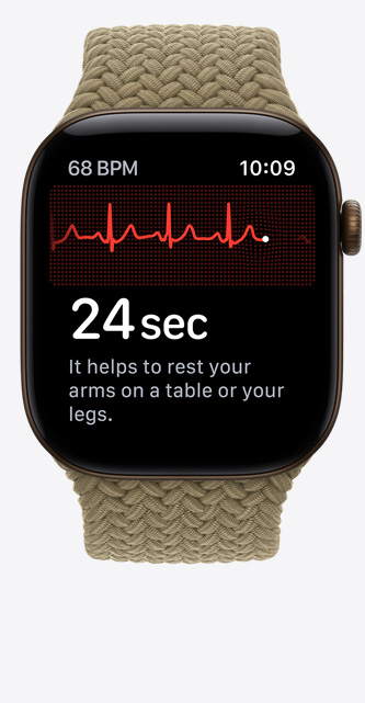 Apple Watch Series 12, aluminium case, dark bronze colour, ECG app, heart rhythm line and timer, Braided Sport Loop, olive colour