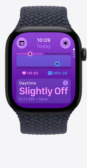 Apple Watch Series 12, aluminium case, black colour, Vitals app, chart scoring health, current heart rate beats per minute, daytime reading indicates vitals slightly off, Braided Solo Loop strap, navy blue colour