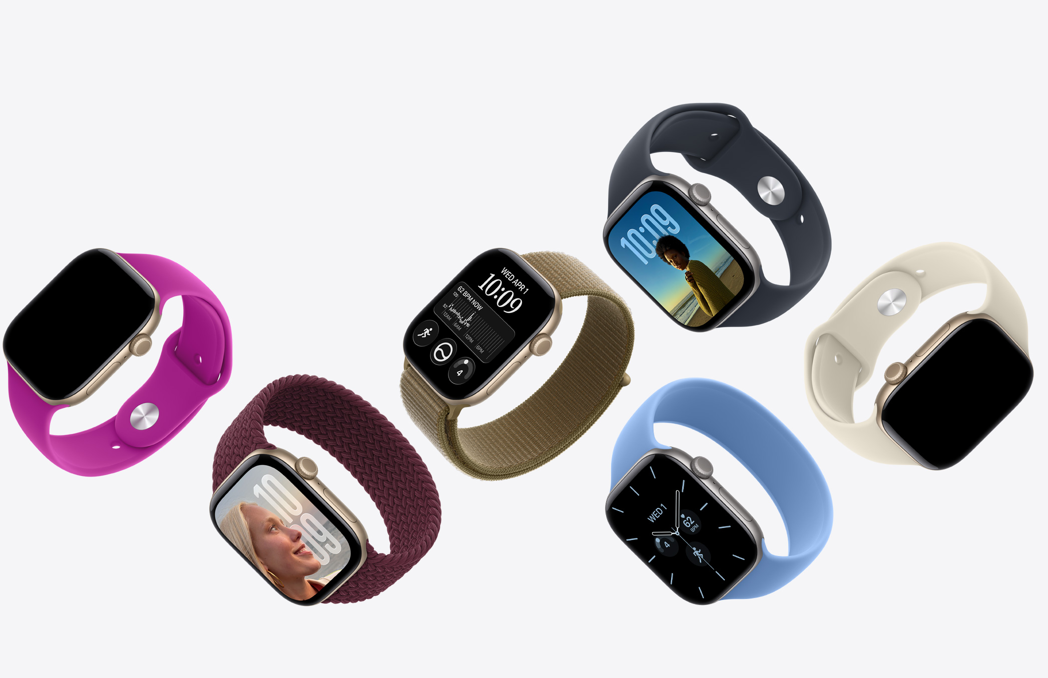 Apple Watch devices, various case materials, colors, and bands