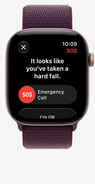 Apple Watch Series 12, aluminium case, light gold colour, hard fall notification, emergency call option, Sport Loop strap, burgundy colour