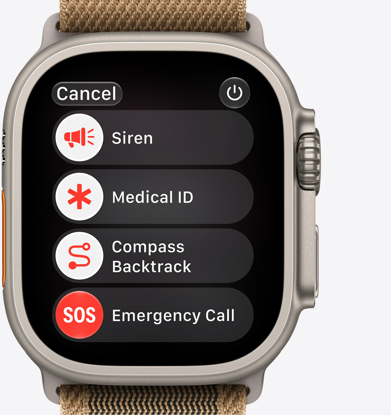 Apple Watch Ultra 4, titanium case, black colour, emergency assistance options onscreen: siren, medical ID, compass backtrack, emergency call