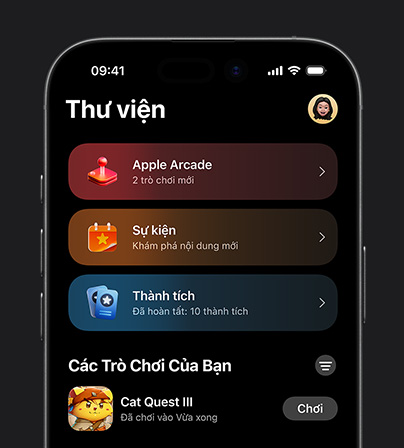 Hình ảnh tab Thư Viện trong Apple Games hiển thị trên iPhone 17 Pro