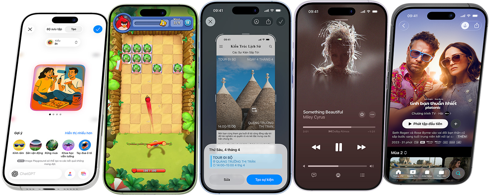iPhone 17 devices spinning end over end, stopping on screens showing iPhone features